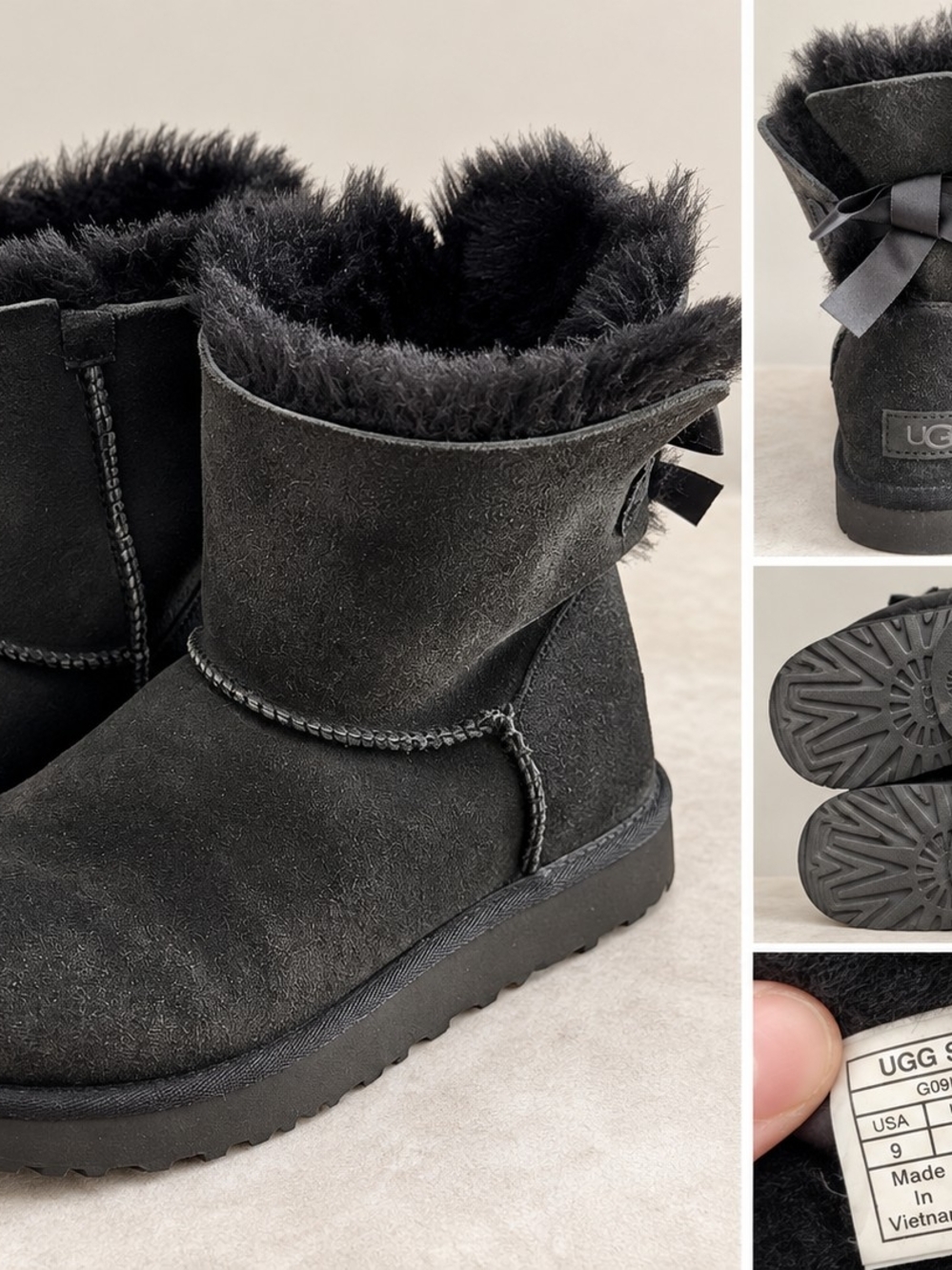 UGG Black Mini Bow Suede Shearling Ankle Boots
